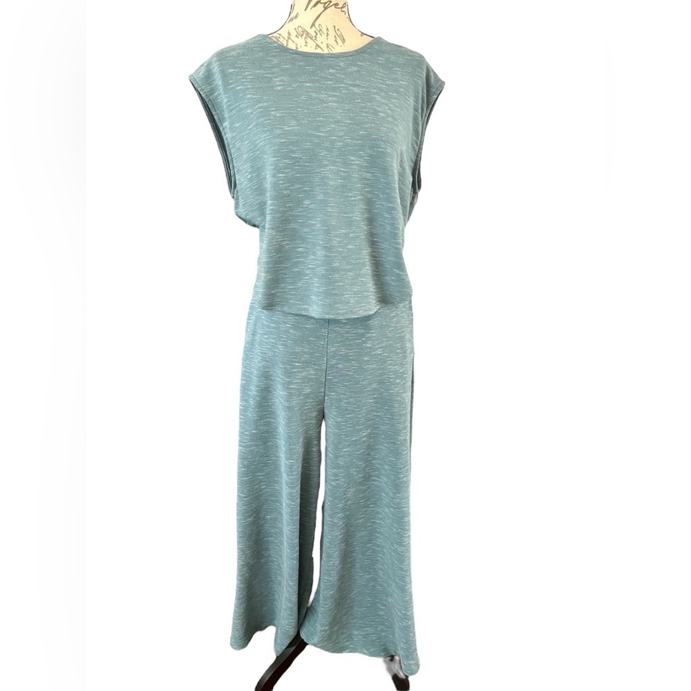 Bucket List Wide Leg Heather Light Blue Jumpsuit Small EUC Pockets Lounge Sweats - Picture 4 of 15
